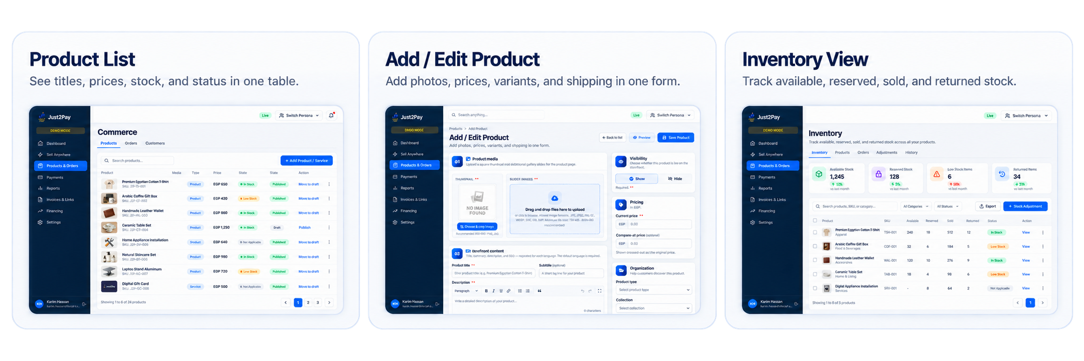 SAJ product list, add-product form, and inventory view in one catalog workspace.