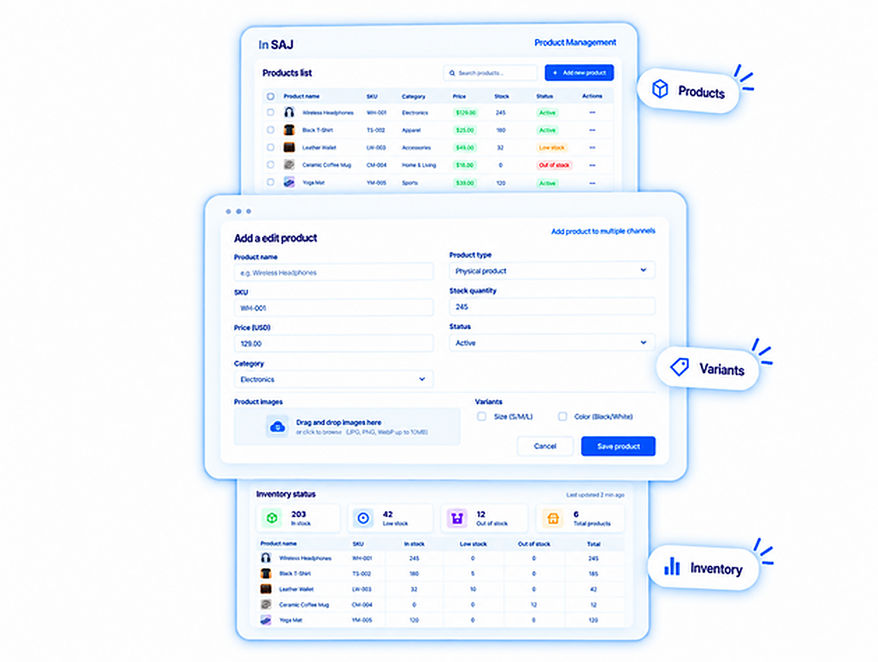 Product list, add or edit product form, and inventory status in one catalog workspace.