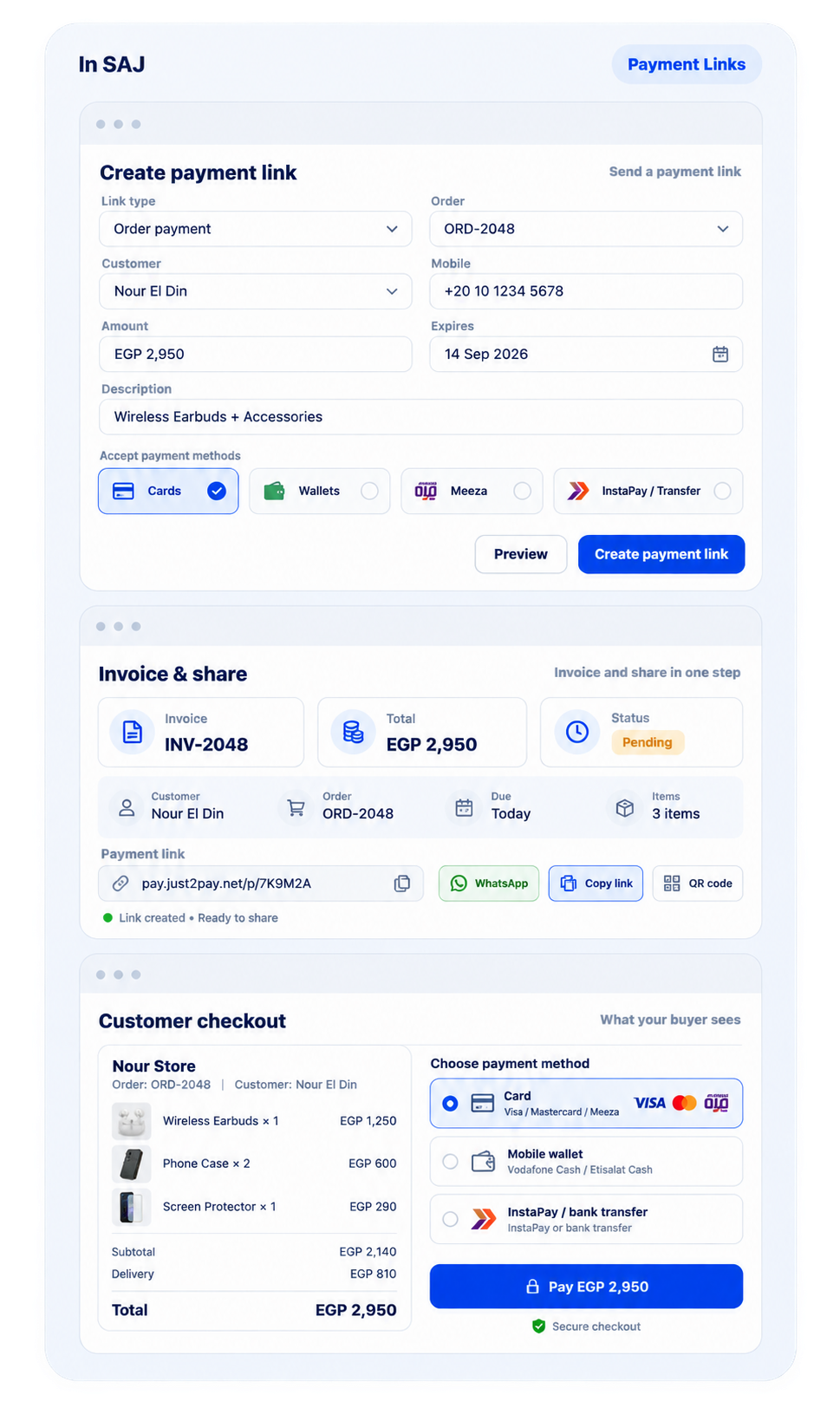 SAJ payment-link workspace for creating, invoicing, and sharing a payment journey.