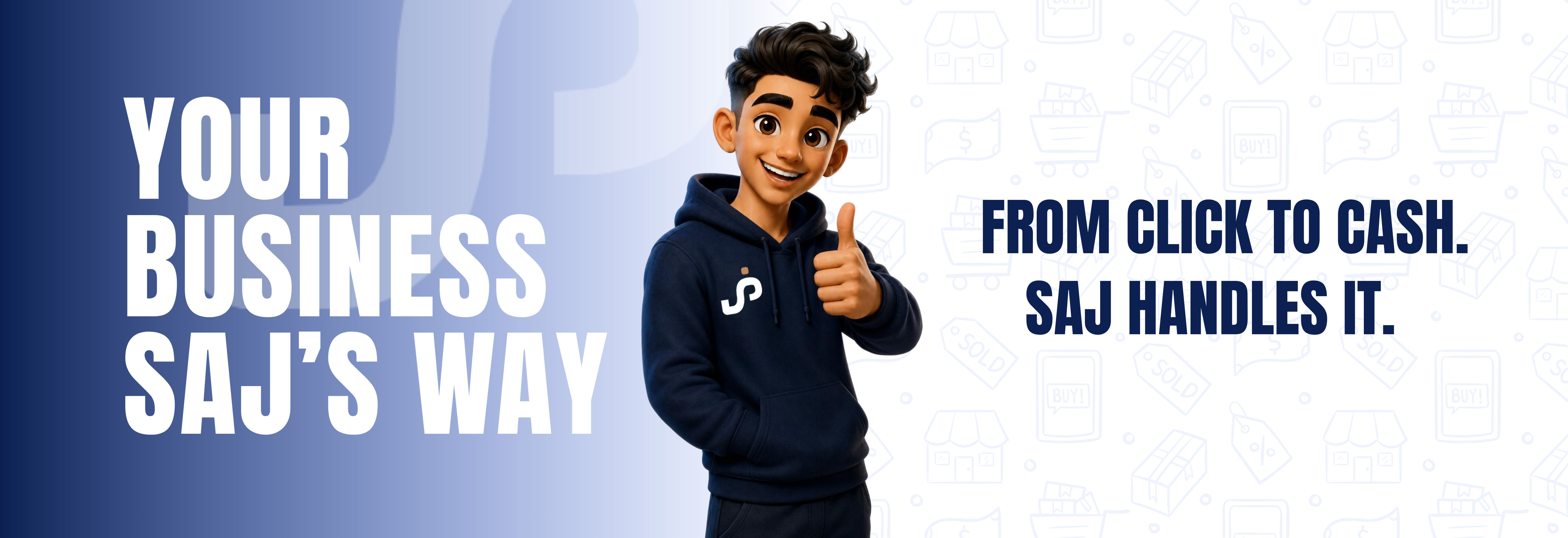 SAJ character giving a thumbs-up. Your business SAJ's way. From click to cash. SAJ handles it.
