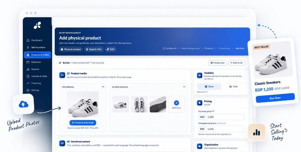 SAJ shop management workspace for adding a physical product with photos, pricing, and a storefront preview.