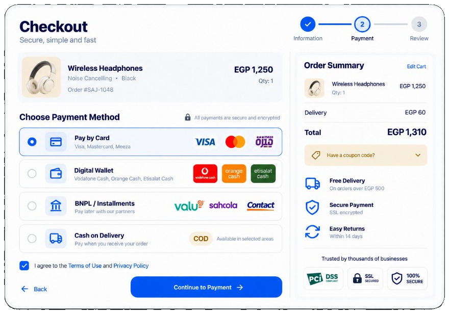 SAJ checkout with card, wallet, BNPL, and cash on delivery payment options.