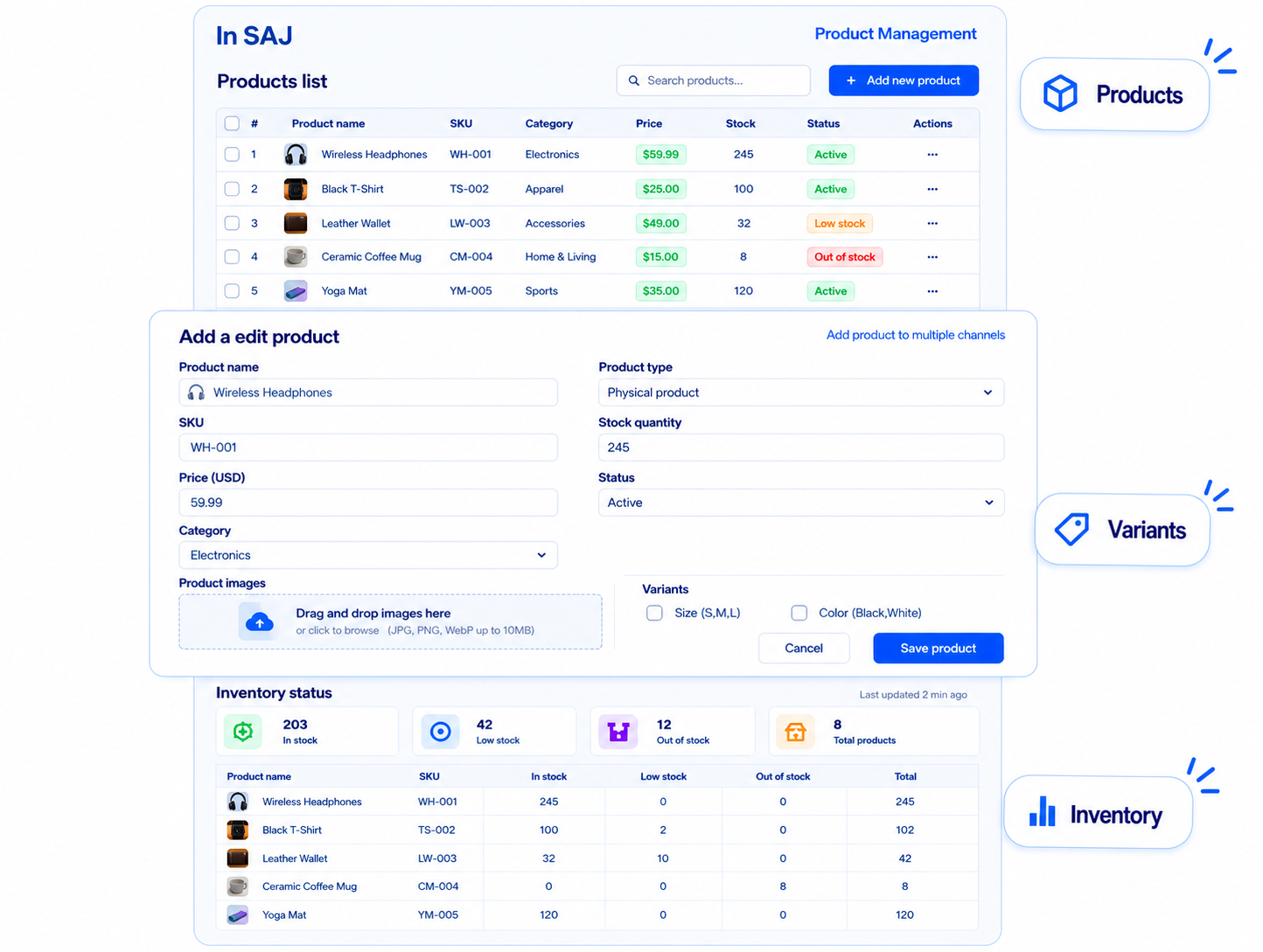 Product list, add or edit product form, and inventory status in one catalog workspace.