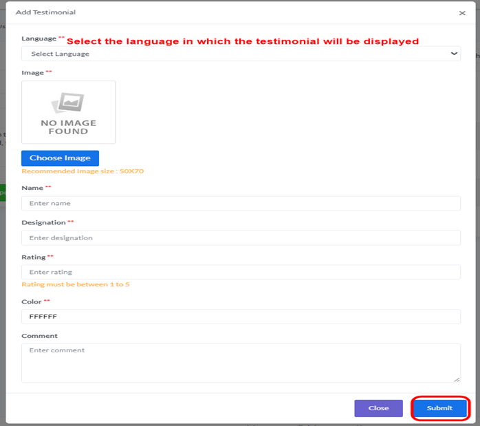 Add New Testimonial, step 2